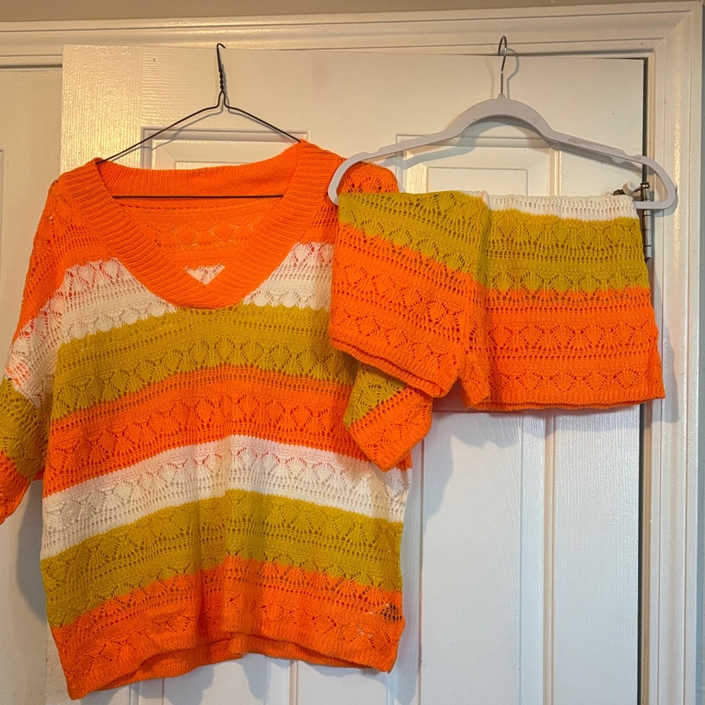 Colorful Knit Sweater and Skirt Set